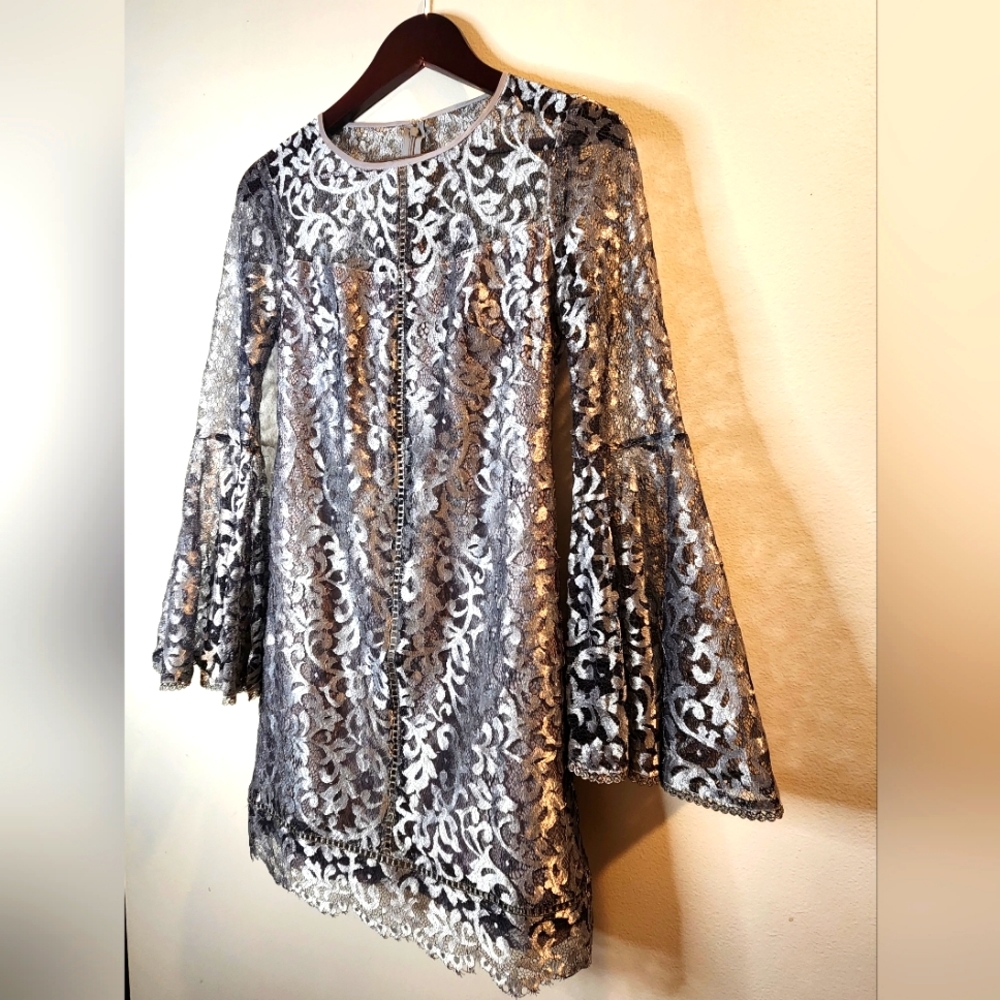 White House Black Market laced evening dress, silver, size 00